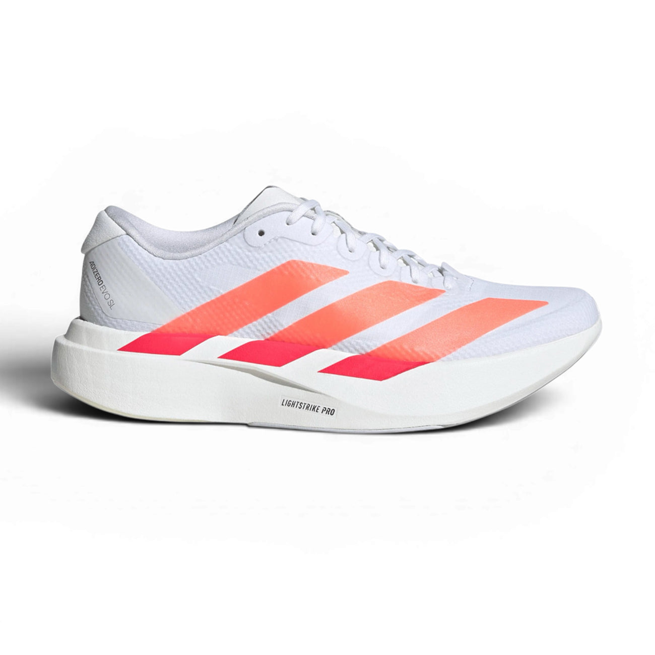 Women's adidas Adizero EVO SL Woven Running shoes in white and orange stripes