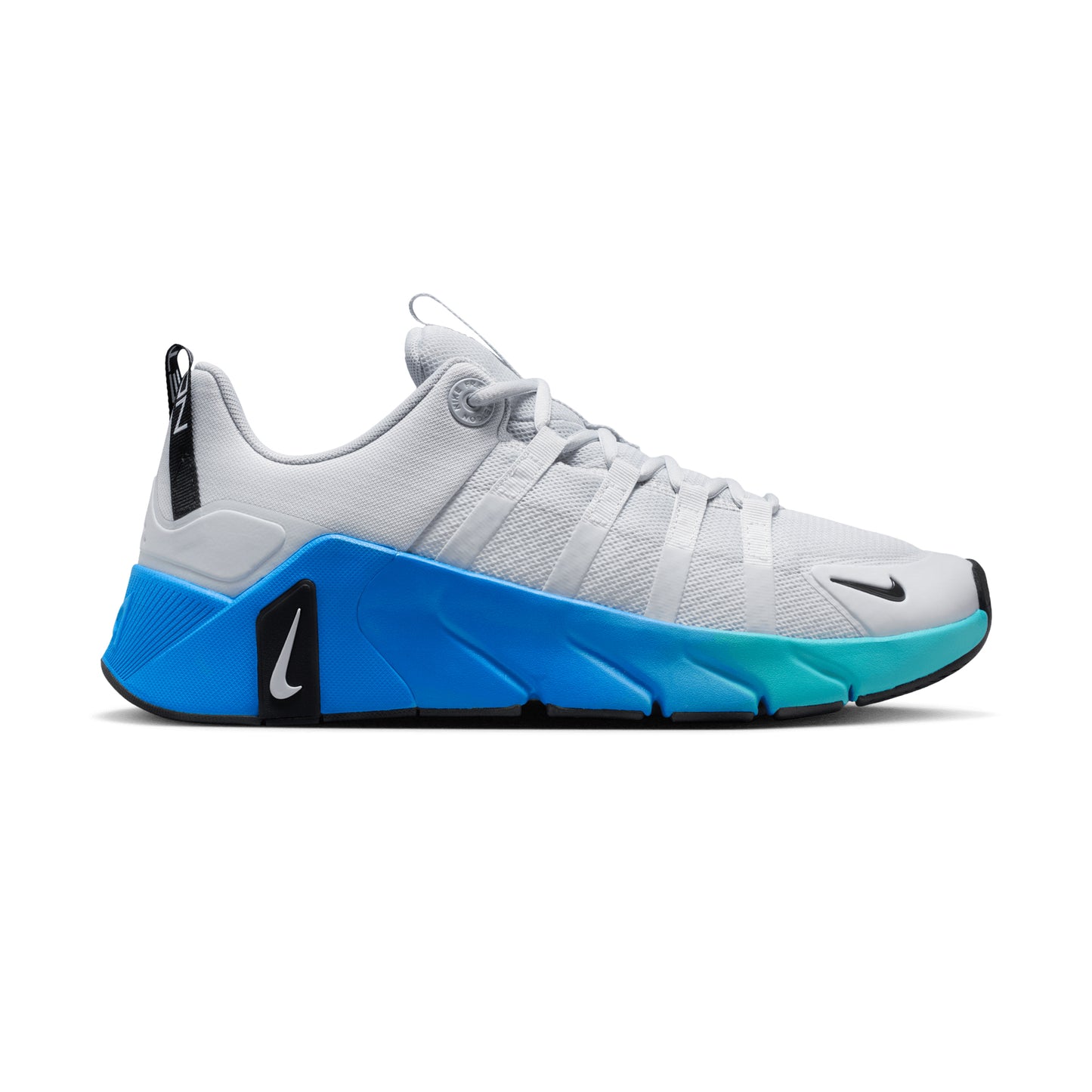 Men's Nike Free Metcon 7 gym shoe in grey upper with a bluish green gradient midsole