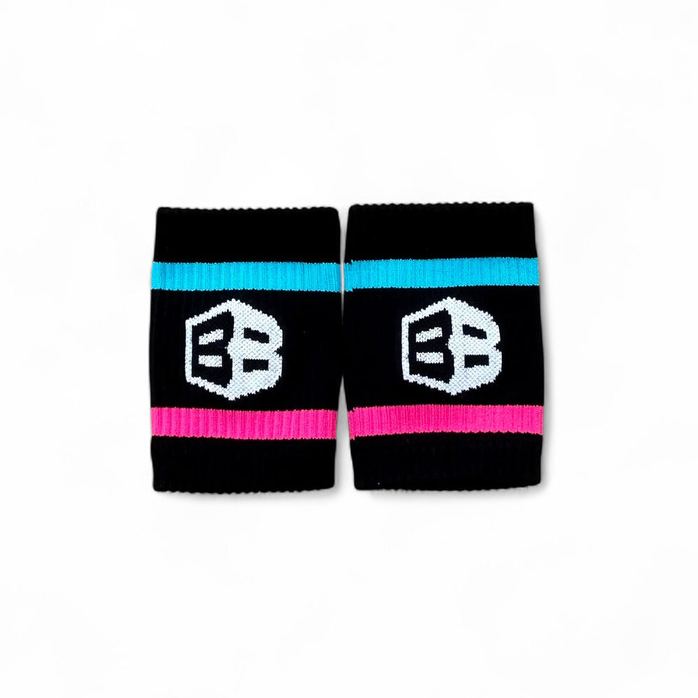 Black wristbands for crossfit with colorful stripes and a logo on a white background