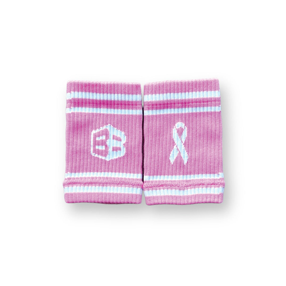 Pink wristbands for crossfit with a logo and breast cancer awareness ribbon on a white background
