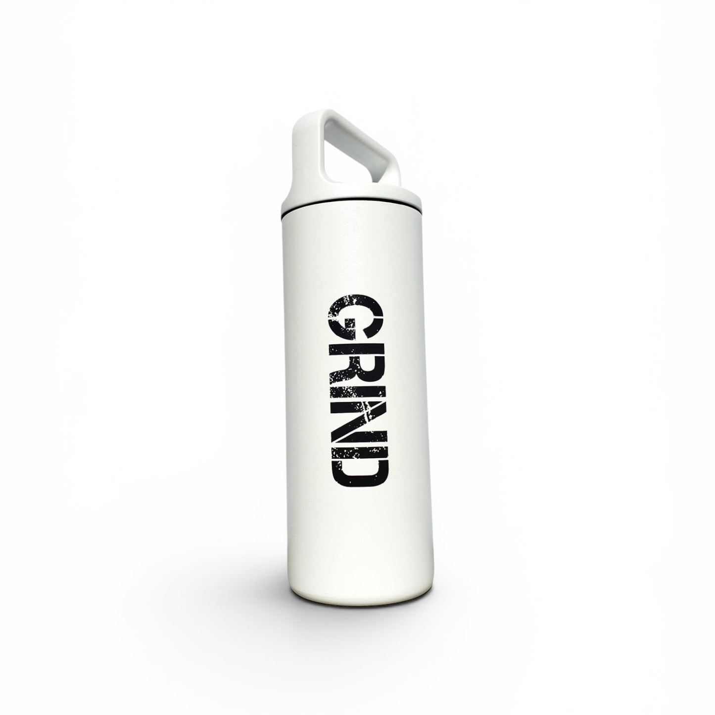 White water bottle with 'GRIND' text on a white background