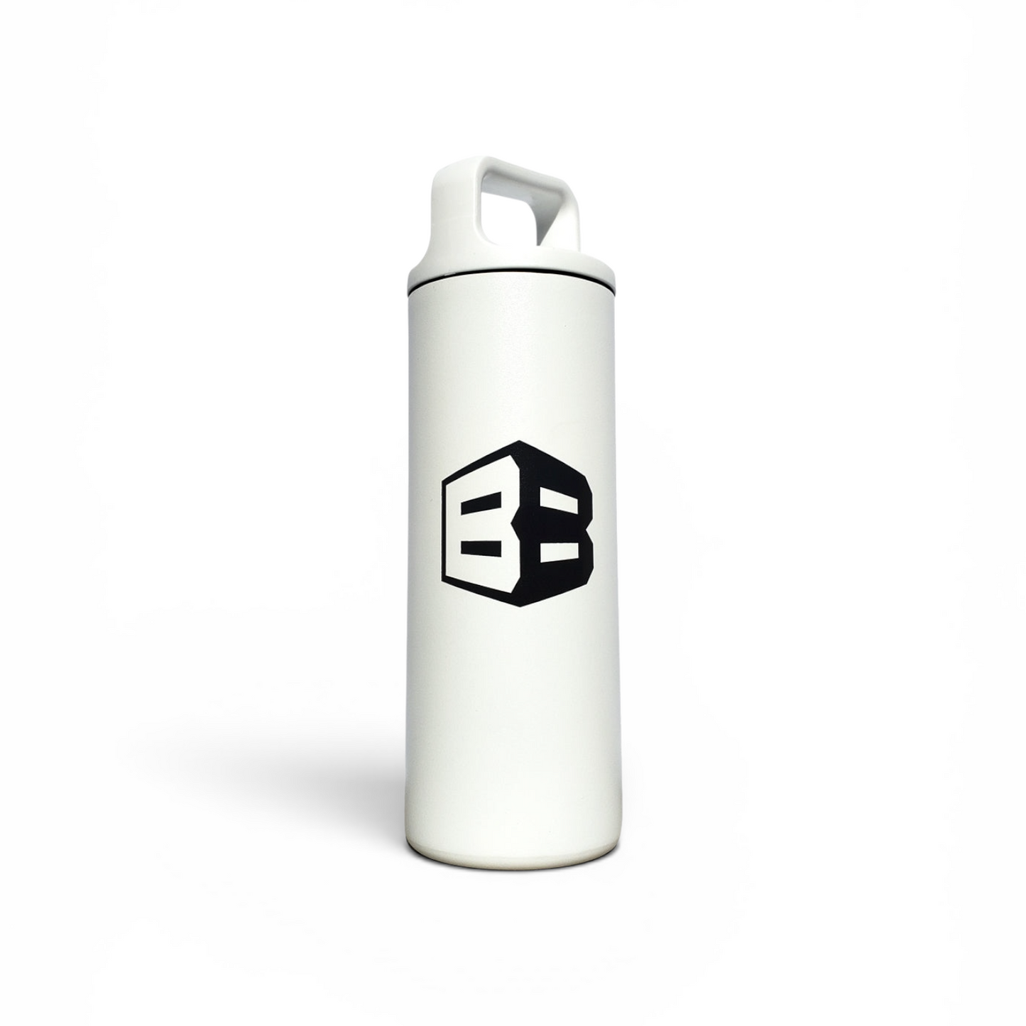 White water bottle with a black logo on a white background
